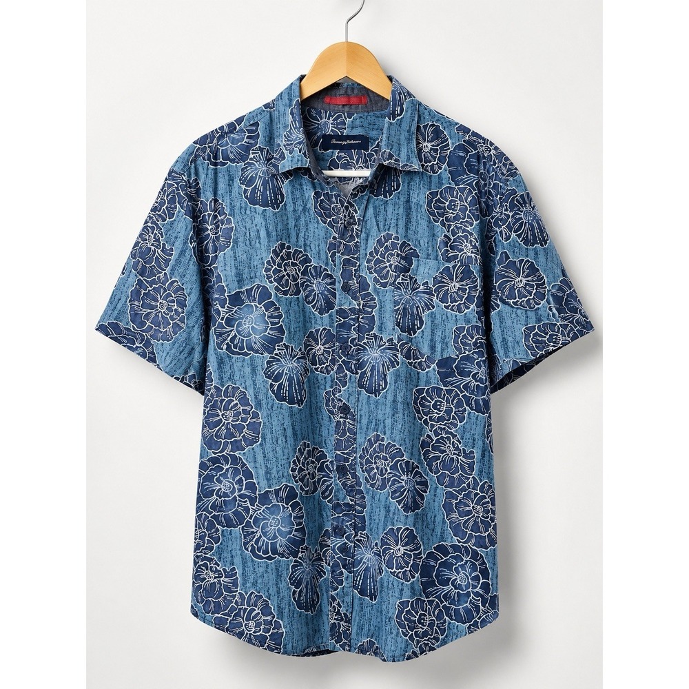 Tommy Bahama XL Blue Floral Hawaiian Shirt Tencel Lyocell Camp Button Up